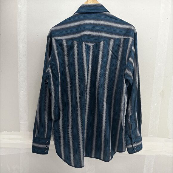 Vintage Rustler Shirt Mens L Gray Blue Striped Western Pearl Snap X-Long Tails 9 - Picture 3 of 4